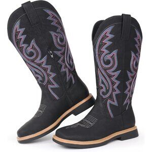 Women's Black Embroidered Square Toe Side Zipper Western Mid Calf Dress Boots
